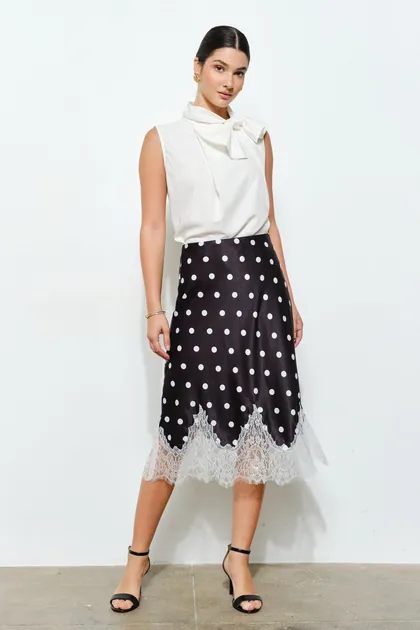 Polka Dot Satin Lace Trim Midi Skirt — black skirts from Pieces of a Dream
