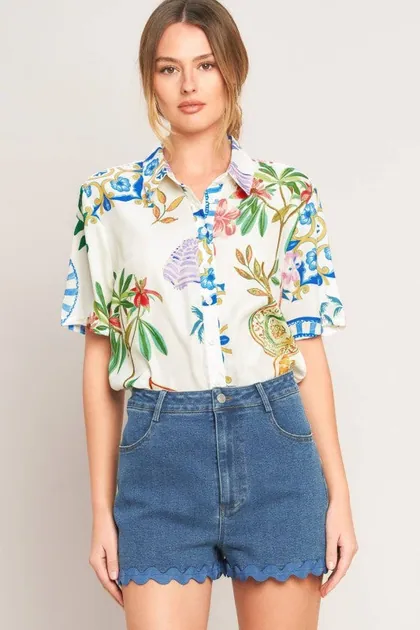 Chic Floral & Coastal Short Sleeve Top — white tops & blouses from Pieces of a Dream