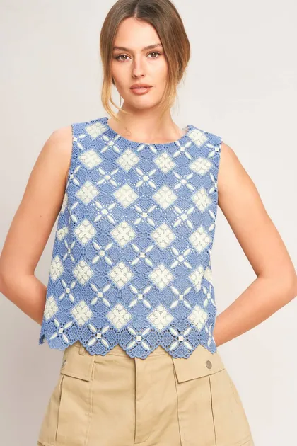 Sleeveless Scalloped Hem Top — blue tops & blouses from Pieces of a Dream