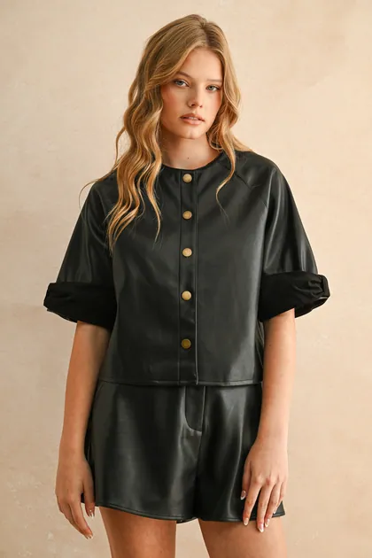 Short Sleeve Faux-Leather Jacket — black tops & blouses from Pieces of a Dream