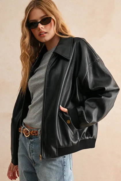 Oversized Faux Leather Bomber Jacket — black outerwear & jackets from Pieces of a Dream
