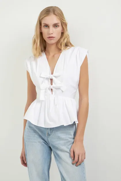 Front Double Bow Tie Top — white tops & blouses from Pieces of a Dream
