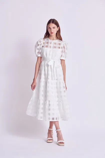 Check Puff Sleeve Midi Dress — white dresses from Pieces of a Dream