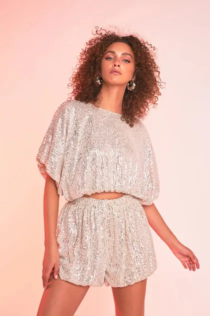 Sequin Cropped Balloon Top (2 Color Ways) — black tops & blouses from Pieces of a Dream