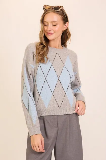 Blue & Grey Argyle Sweater — blue sweaters & knits from Pieces of a Dream