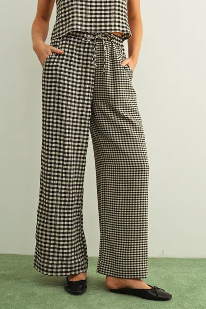 Mixed Gingham Straight Matching Pants — black pants & trousers from Pieces of a Dream
