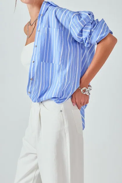 Striped Oversized Shirt — blue tops & blouses from Pieces of a Dream