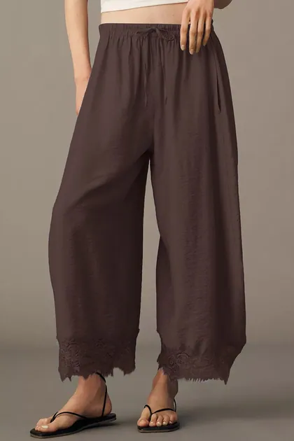 Mocha Lace Hem Wide-Leg Pants — brown pants & trousers from Pieces of a Dream