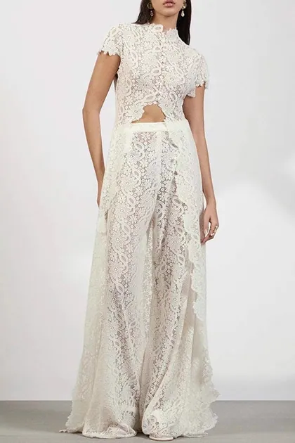 Lace Crop Top & Pant Set — white pants & trousers from Pieces of a Dream