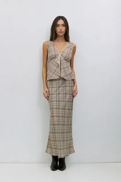 Paxton Plaid Midi Skirt With Lace Waistband — khaki skirts from Pieces of a Dream