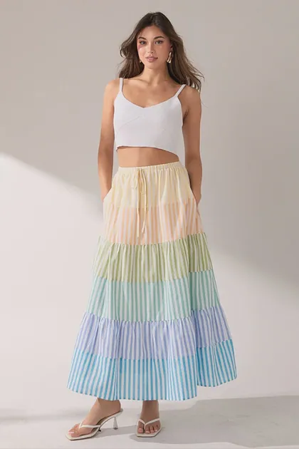 Striped Color Block Tiered Maxi Skirt — skirts from Pieces of a Dream