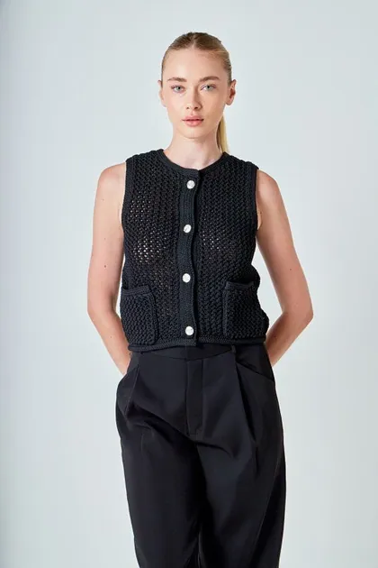 Audrey Knit Button Vest — black tops & blouses from Pieces of a Dream