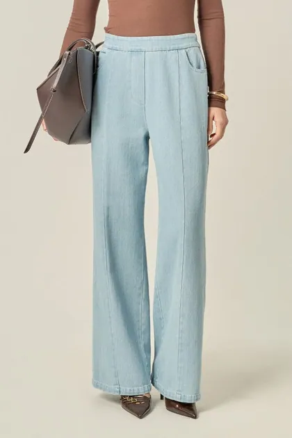 Elastic Waistband Light Wash Denim Pants — blue pants & trousers from Pieces of a Dream