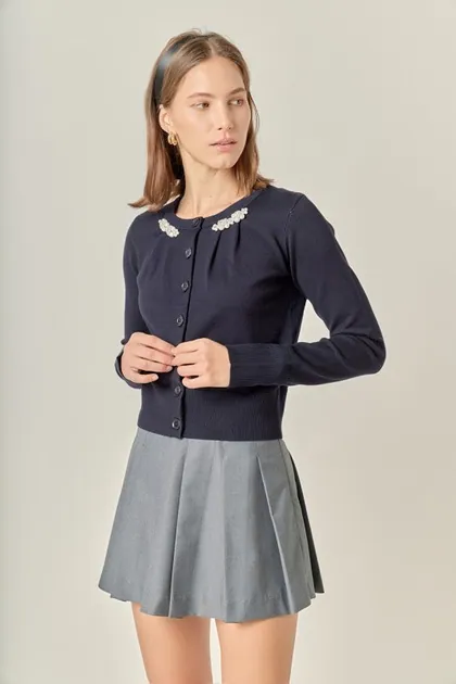 Navy Pearl Detail Cardigan Sweater — blue sweaters & knits from Pieces of a Dream