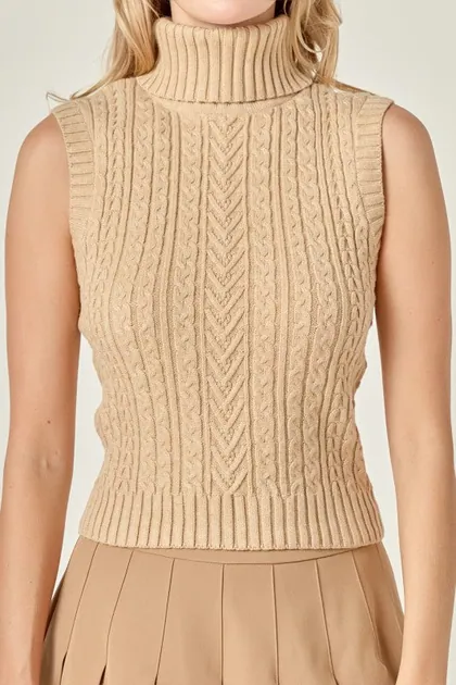 Cable Knit Mock Neck Sleeveless Top — camel tops & blouses from Pieces of a Dream