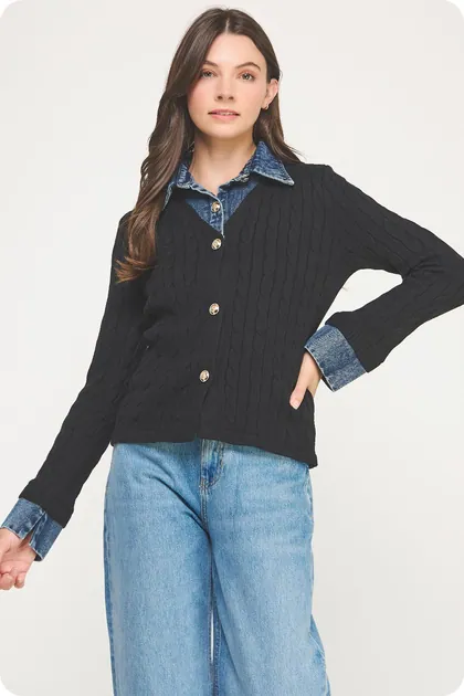 Denim Contrast Cable-Knit Cardigan — black sweaters & knits from Pieces of a Dream