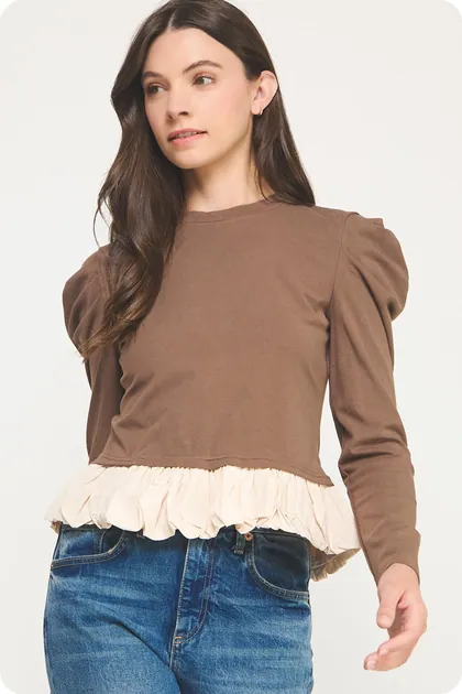 Feminine Ruffle-Hem Top — brown tops & blouses from Pieces of a Dream