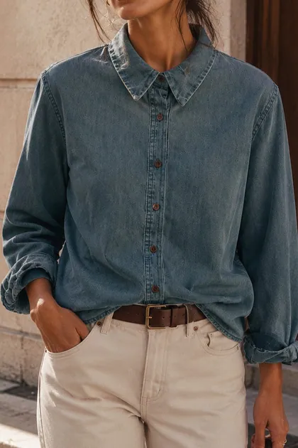 Washed Denim Button-Up Shirt (ONE SIZE) — denim tops & blouses from Pieces of a Dream