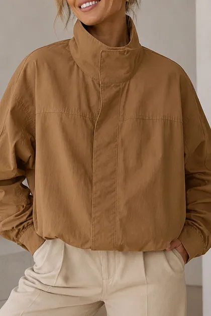 Drawstring Stand Collar Windbreaker Jacket — khaki outerwear & jackets from Pieces of a Dream