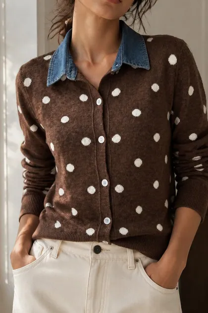 Polka Dot Denim Collar Knit Cardigan — brown sweaters & knits from Pieces of a Dream