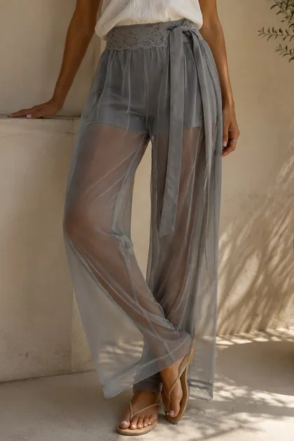 Lace Waist Mesh Wide-Leg Pants — grey pants & trousers from Pieces of a Dream