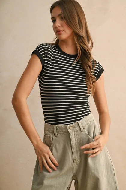 Striped Ribbed Knit Bodysuit — black tops & blouses from Pieces of a Dream