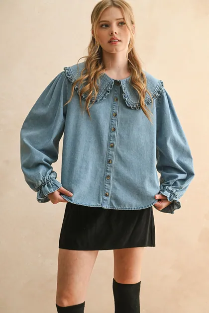 Ruffle Collar Denim Blouse — denim tops & blouses from Pieces of a Dream