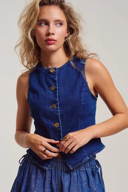 Denim Gold Button Vest — denim tops & blouses from Pieces of a Dream