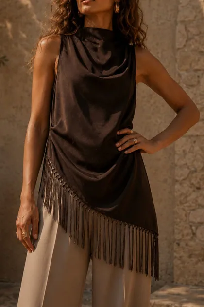 Sienna Fringe Satin Top — brown tops & blouses from Pieces of a Dream
