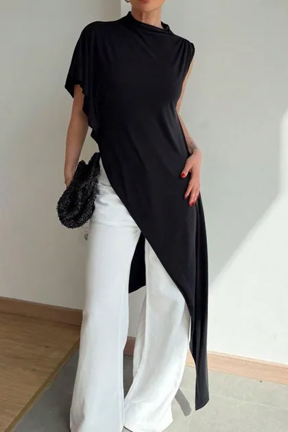 Asymmetrical Draped Top — black tops & blouses from Pieces of a Dream