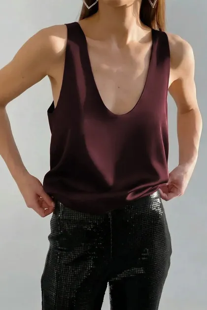 Satin Sleeveless T-Shirt Tank Top — burgundy tops & blouses from Pieces of a Dream