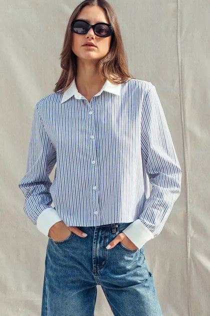 Oxford Stripe Button-up Shirt — blue tops & blouses from Pieces of a Dream