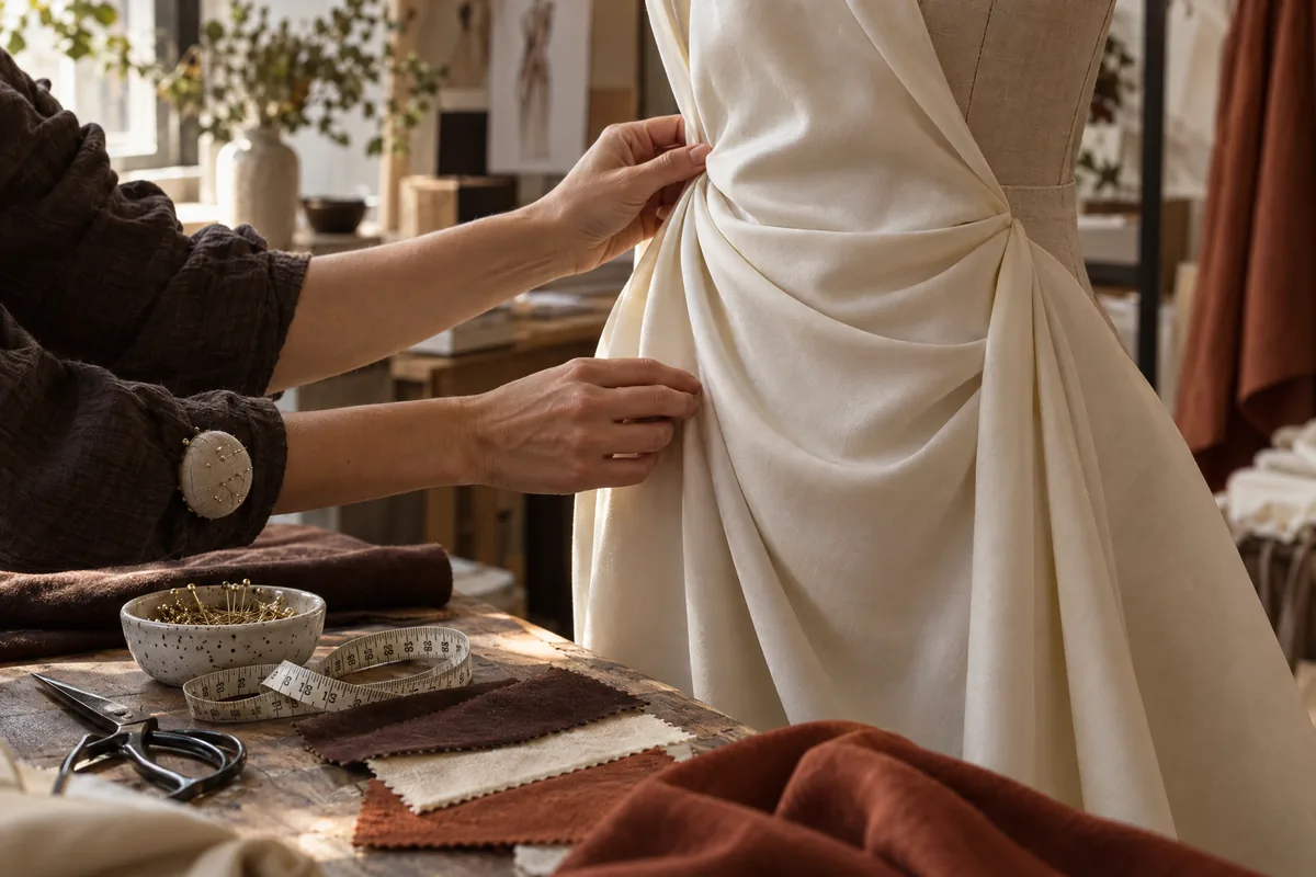 Hands draping an ivory silk garment on a tailor's mannequin in the Pieces of a Dream studio