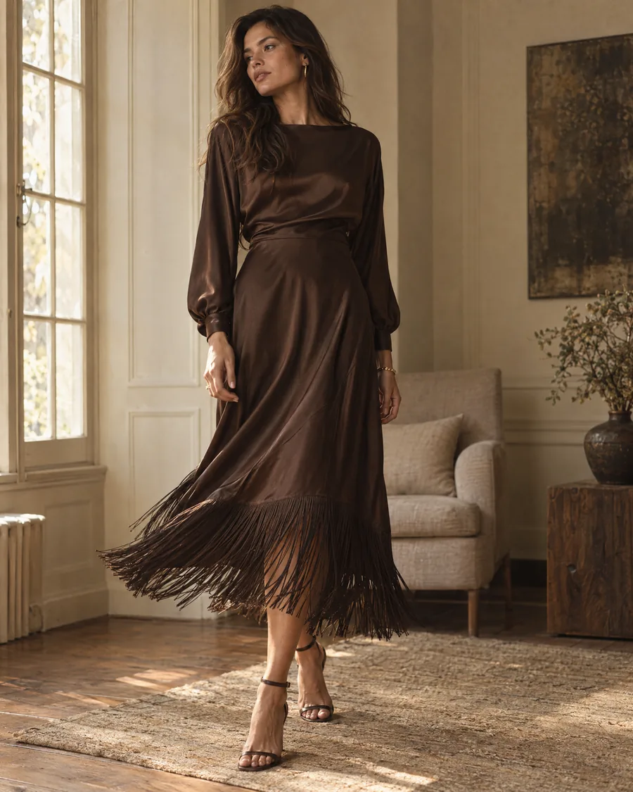 A chocolate-brown satin fringe midi dress styled with minimal gold jewellery
